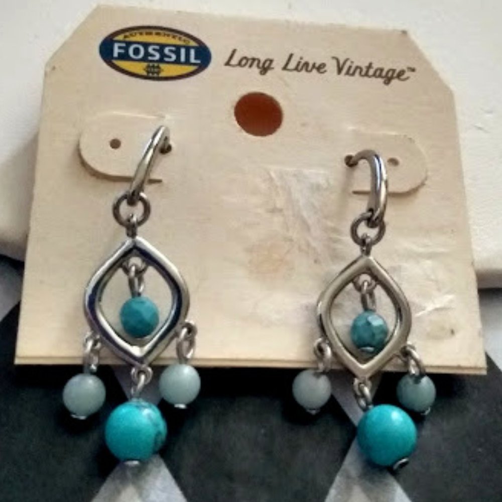 FOSSIL Boho Chic Silver Turquoise & Blue Semi-Precious Stone Dangle Earrings~NEW